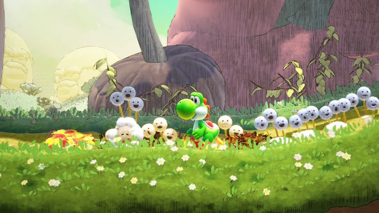 Yoshi dinossauro verde fofo em meio a um campo de algodãos com rostinhos fofos felizes