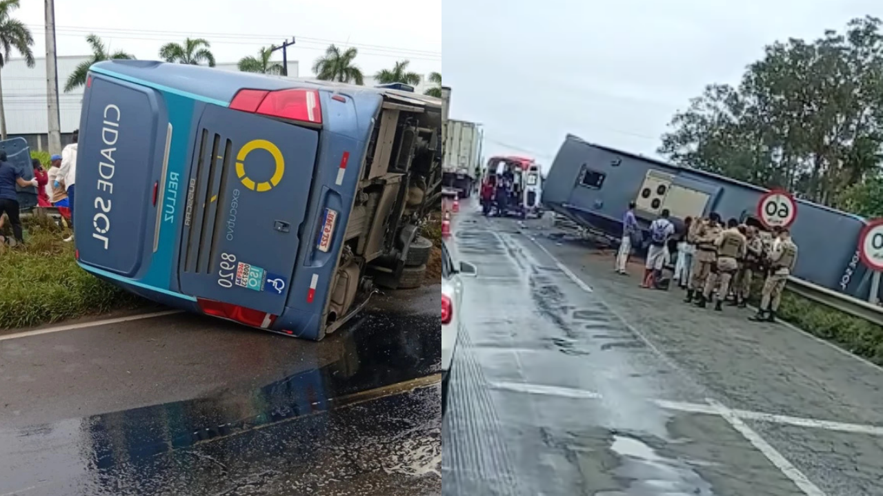 Ônibus tombado em Feira de Santana 