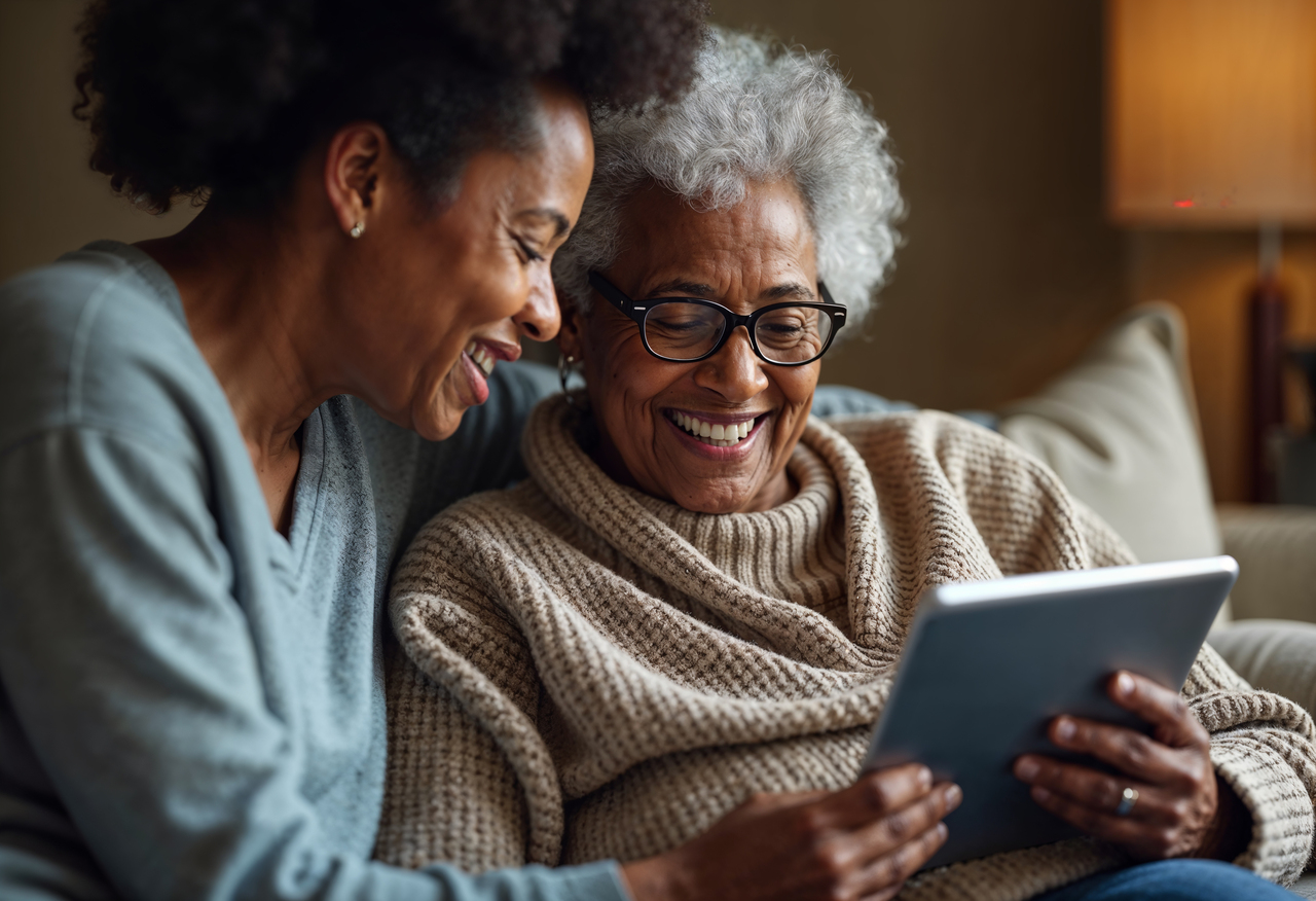 Mulher idosa mexendo em seu tablet