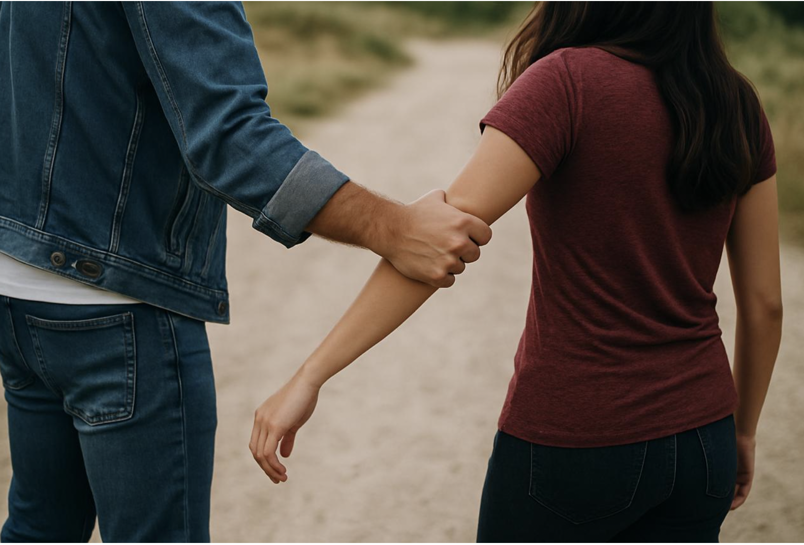 Um homem puxando um braço de uma mulher