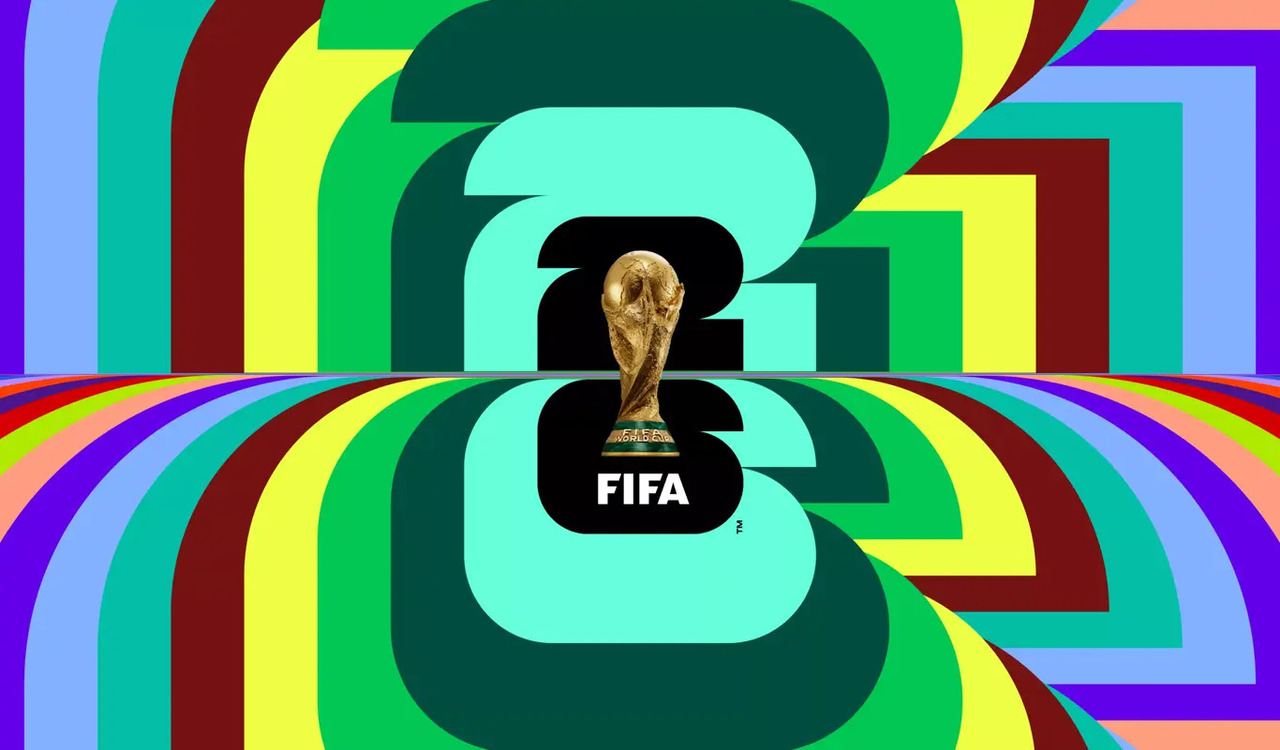 Logo da copa do mundo 2026, com a taça da fifa no centro e uma mistura de cores vermelho, amarelo, verde e azul ao fundo