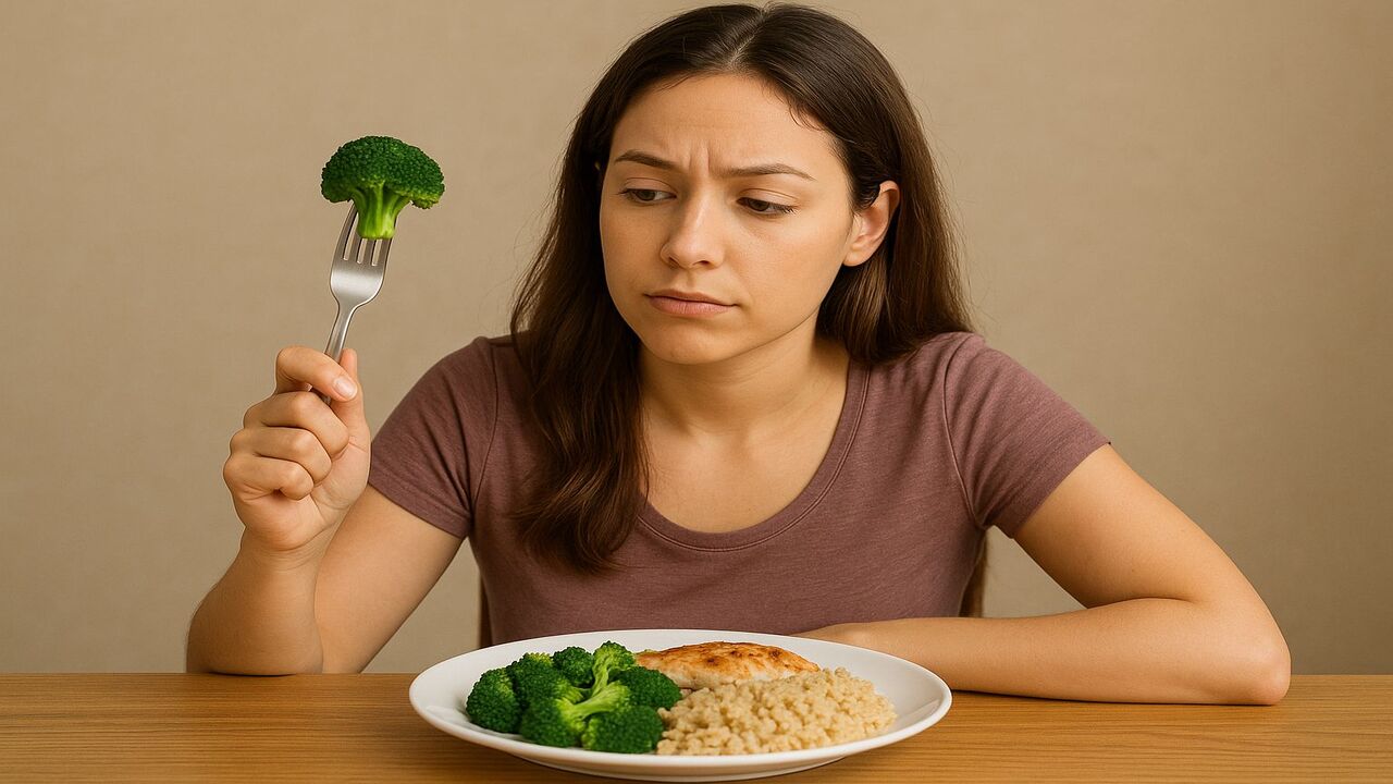 mulher segurando um brocolis 