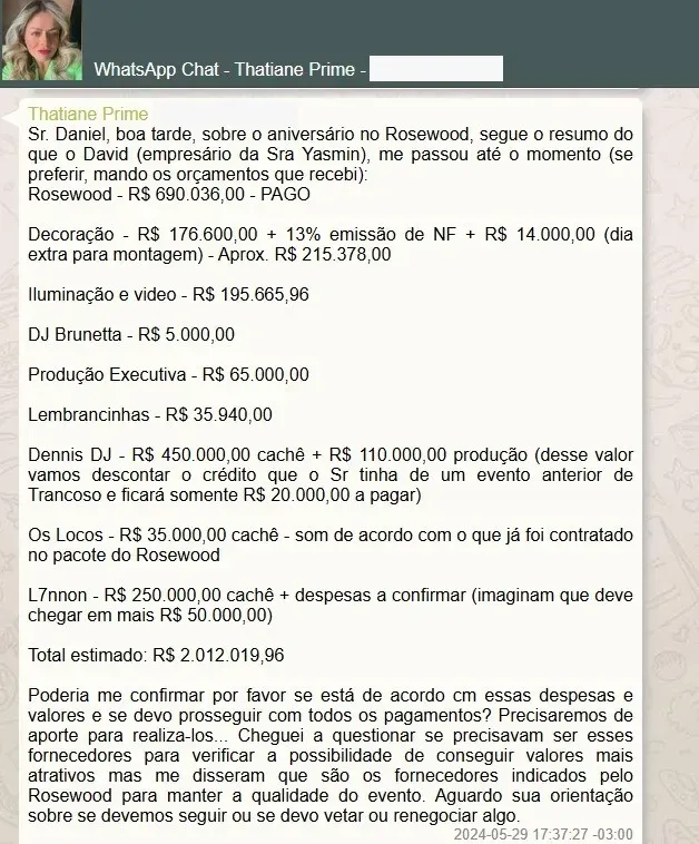 Conversa entre assistente e Vorcaro, mostra o resumo das despesas do evento