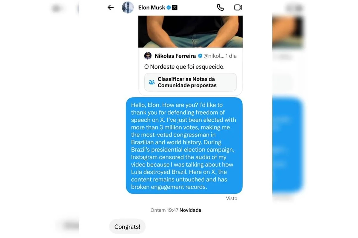 Mensagem de Nikolas &agrave; Elon Musk | Foto: Reprodu&ccedil;&atilde;o/redes sociais